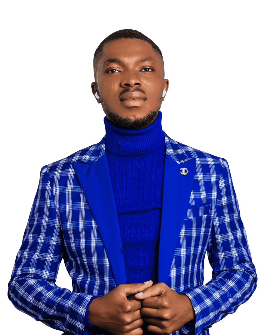 men's blue check brazer with turtleneck inner.